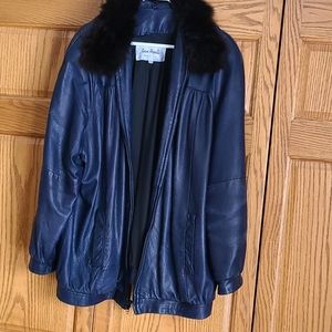 Navy Leather Jacket with remivable fur collar
